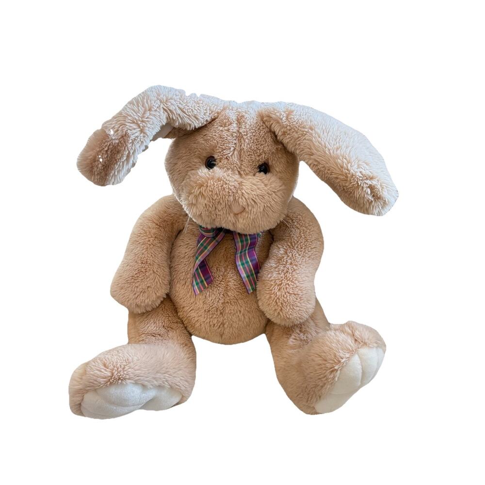 Vintage Giant Light Brown Plush Bunny Rabbit Plaid Bow 25” Long Proffitts EUC